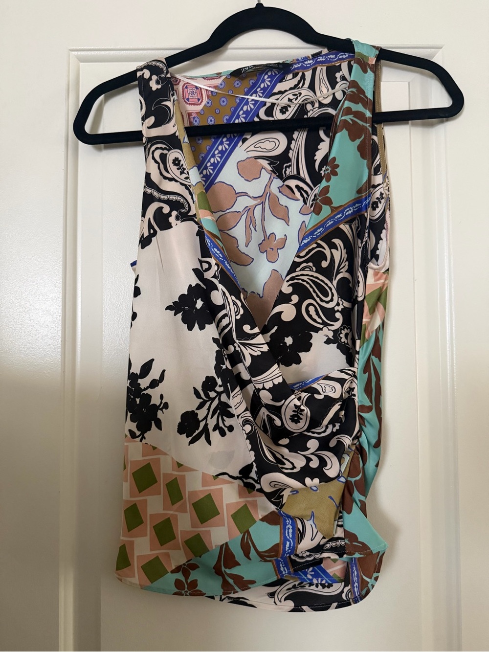 Zara Mixed-Print Draped V-Neck Camisole in Black, Cream & Teal